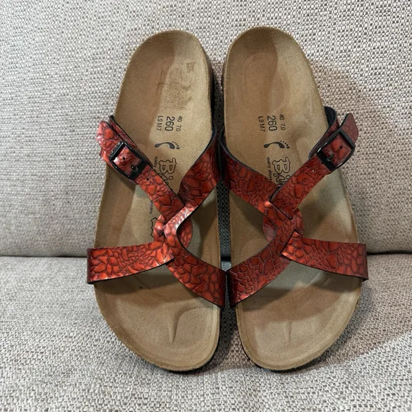 Birkenstock Birki's Sylt Red Snake Scale Print Criss‎ Cross Strap Sandals Size 9 - Image 2