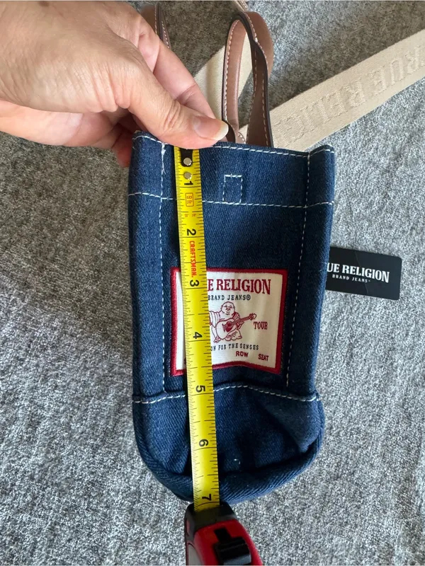 True Religion Navy Denim Mini Tote with Brown Leather Accents - Image 11