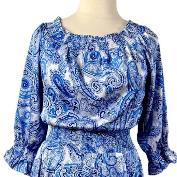 Tahari New Smocked Dress Asymmetrical Ruffle Hem Blue Paisley NWT Women Size 16 - Image 8