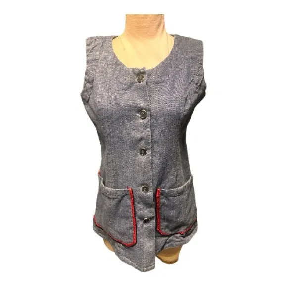 Vintage 70s blue button up vest red trim front pockets Handmade Small - Image 2