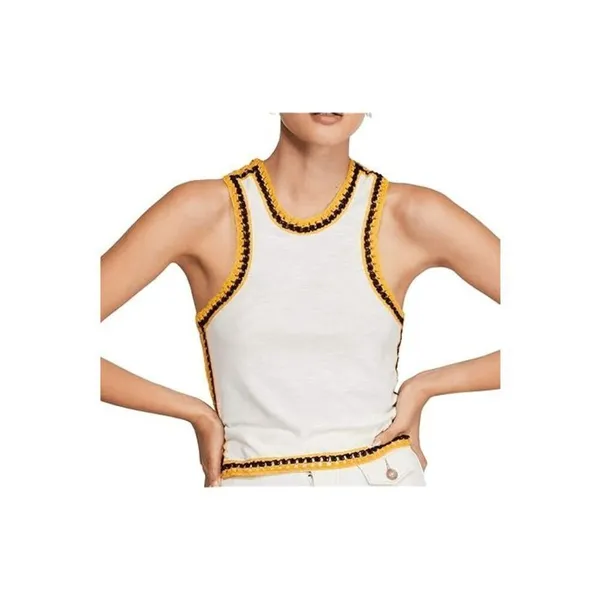 Free People Black Yellow Ivory Bora Bora Racerback Crochet Linen Blend Trim Tank - Image 9