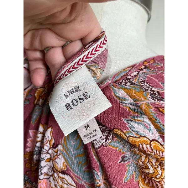 Knox Rose Boho Floral Smocked Maxi Dress‎ Pink Long Sleeve Peasant Size M - Image 7