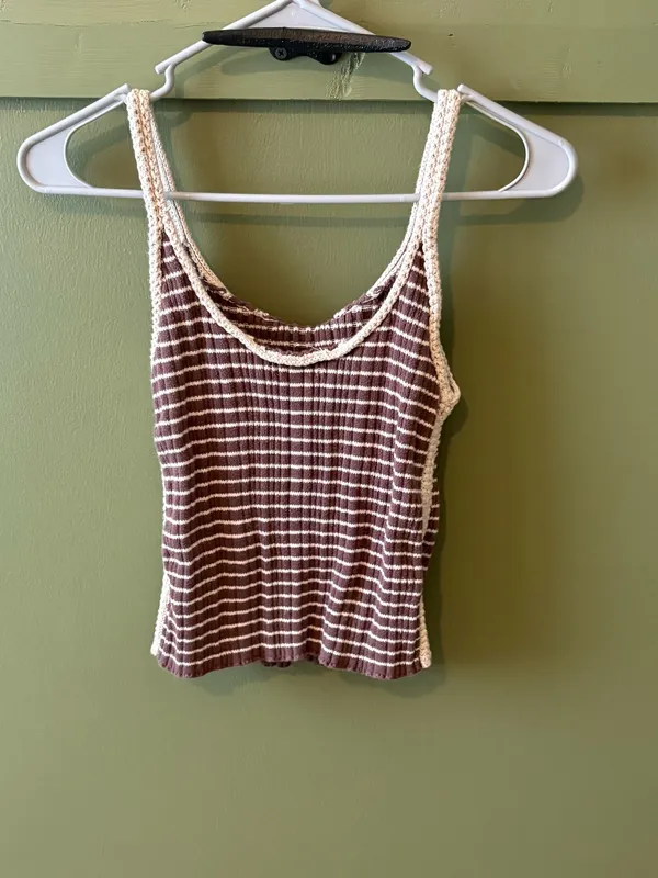 American Eagle Outfitters Brown Striped Crochet Trim Tank - Image 3