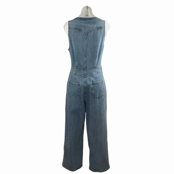Etiquette Blue Denim Sleeveless V-Neck Button Wide Leg Overalls Jumpsuit Size S - Image 3