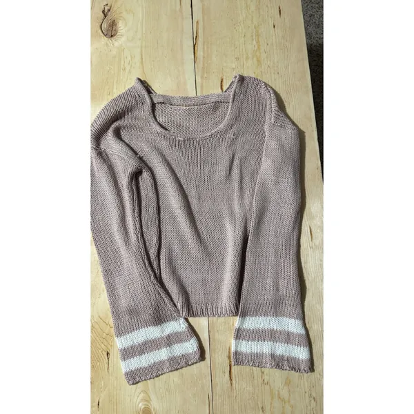 Alya Womens Dusty Rose Open Back‎ Chunky Knit Sweater Striped Cuffs Medium - Image 4