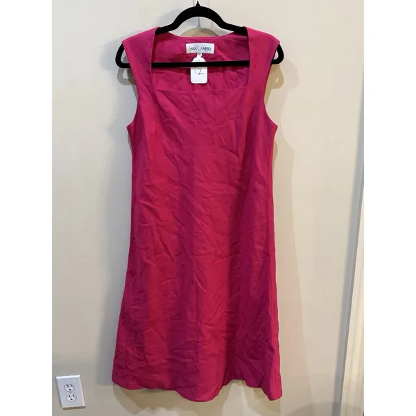 Sara Campbell Hot Pink‎ Sheath Dress Vintage Size 12 Cap Sleeve Square Neck - Image 2