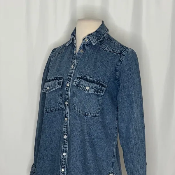 Anthropologie PILCRO Dannie Classic Denim Shirt Western Snap Puff Sleeve XXS - Image 7