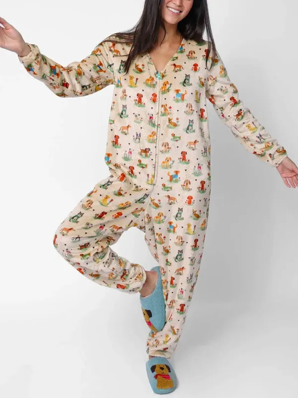 Natural Life Dog Park One Piece Pajamas Large Plush Fleece Dog Print Jumpsuit - Image 14