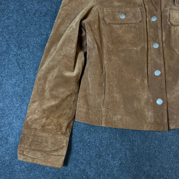 Live a Little Brown Suede Leather Jacket Rosette Floral Western Boho Womens L - Image 10