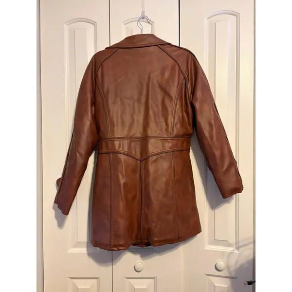 Vintage Kmart Leather Look Pantcoat‎ Brown Faux Leather Belted Jacket 70s 18.5 - Image 9