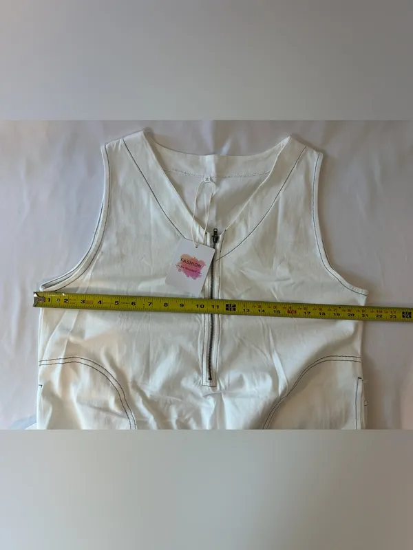 White Sleeveless Zip Front A-Line Dress with Contrast Stitching - Image 2