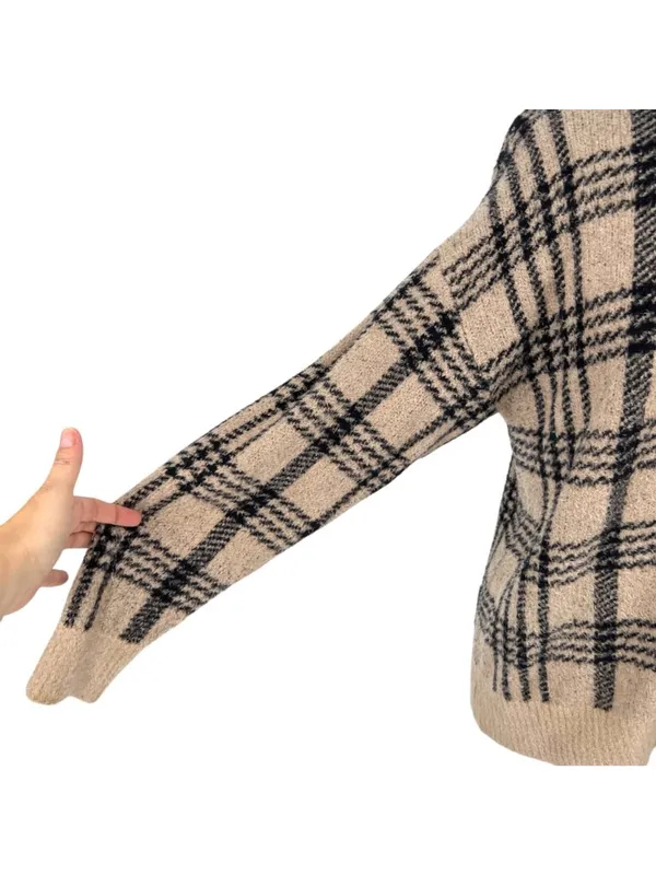 Joie Plaid Cardigan V-Neck Sweater Beige Black Size Large Preppy Grandpacore - Image 5