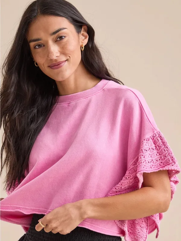 ALTAR’D STATE Kaia Crochet Flutter sleeve top in Pink Sz L NWOT $58 - Image 4