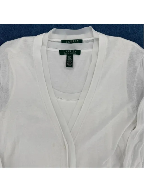 Lauren Ralph Lauren White Cardigan & Tank Top Set Linen Cotton Ribbon Trim Med - Image 12