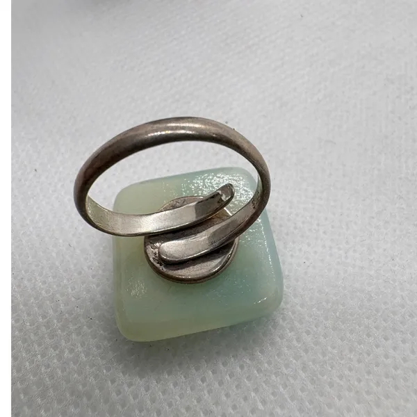 Vintage 925 Sterling Silver Art Glass Square Floral Adjustable Ring Size 6 Aqua - Image 6