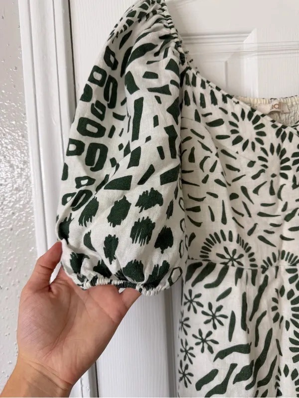 ADL‎ 100% Linen Mini Dress Geometric Pattern Green and Off White Size Medium - Image 4