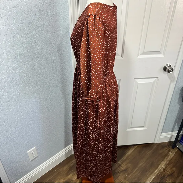 Taylor Rust Polka Dot Midi Dress Size 16 V-Neck Smocked Boho Chic - Image 5