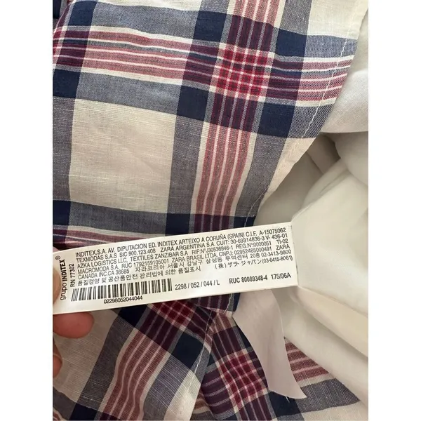 Zara White Red Blue Plaid V/Neck Fit& Flare Pleat Tunic Midi Dress Sz L - Image 9