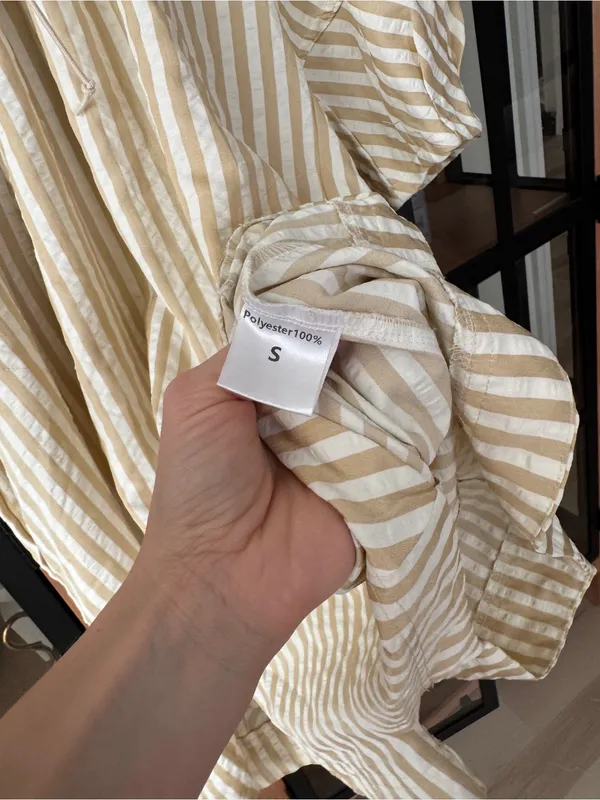 Amazon Bop Around Romper Striped Loose Puff short Sleeve beige tie front bow - Image 9