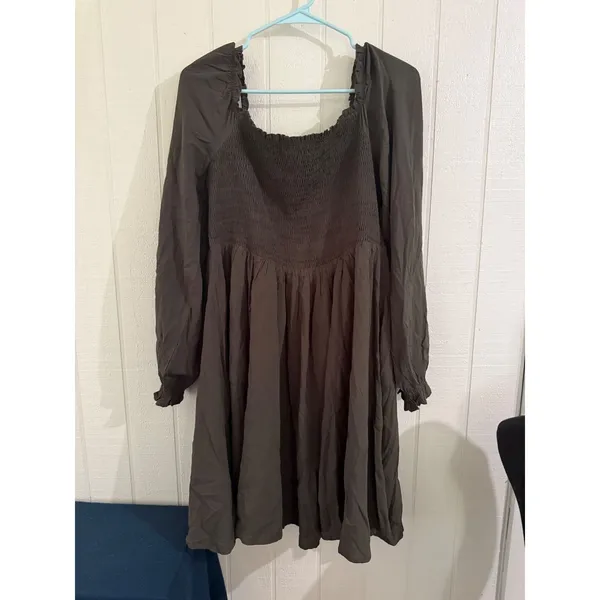 Holipick Olive Green Smocked Long Sleeve Mini Dress XL Square Neck Cottagecore - Image 5