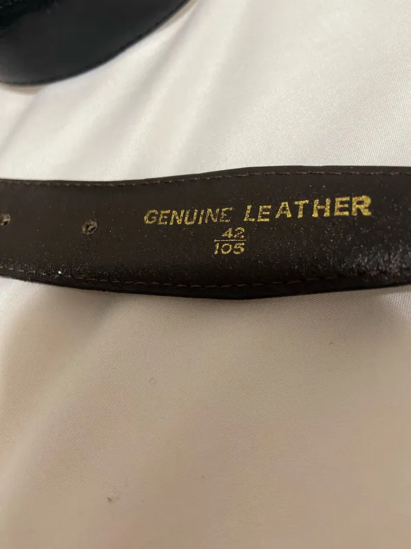 Black genuine leather belt with yellow and olive diagonal stripes and black logo, size 42 #leather #stripes - Image 4