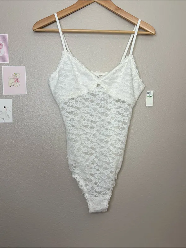 Aerie new show off lace coquette bodysuit crème white summer sexy medium bride - Image 3
