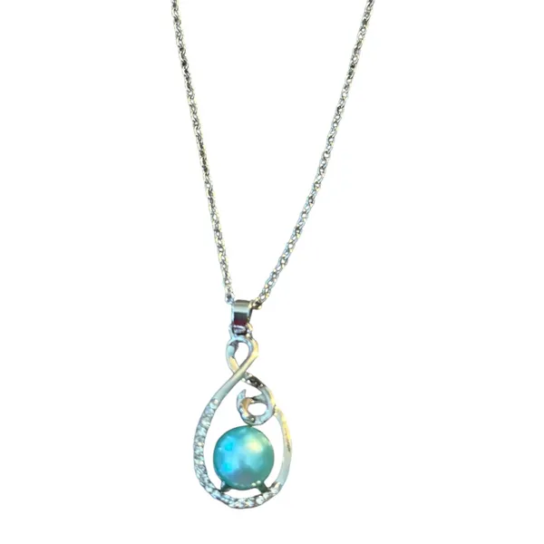 Blue Faux Tahitian Pearl Diamond Silver Necklace 20" - Image 6