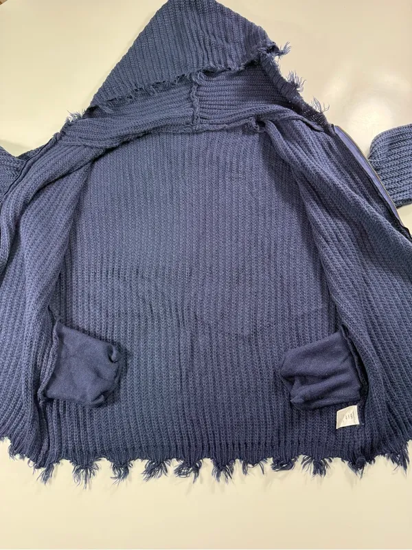Frayed-Hem Hooded Zip Cardigan Sweater in Navy - Image 7