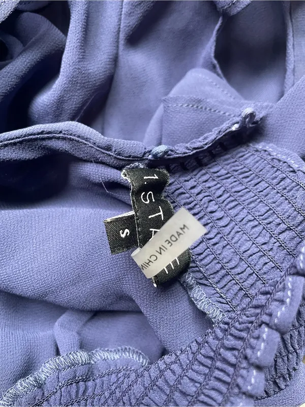 Smocked Neck Flutter Sleeve Blouse — Navy Blue - Image 2
