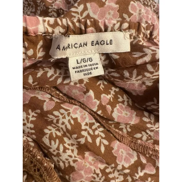 American Eagle Brown/Pink Floral Ruffled Sleeve Tiered Mini Dress V-neck Large - Image 4