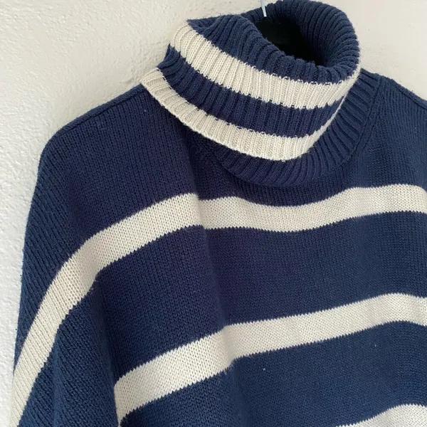 Topshop Oversized Striped Turtleneck Sweater Navy Cream Size Small - Image 4
