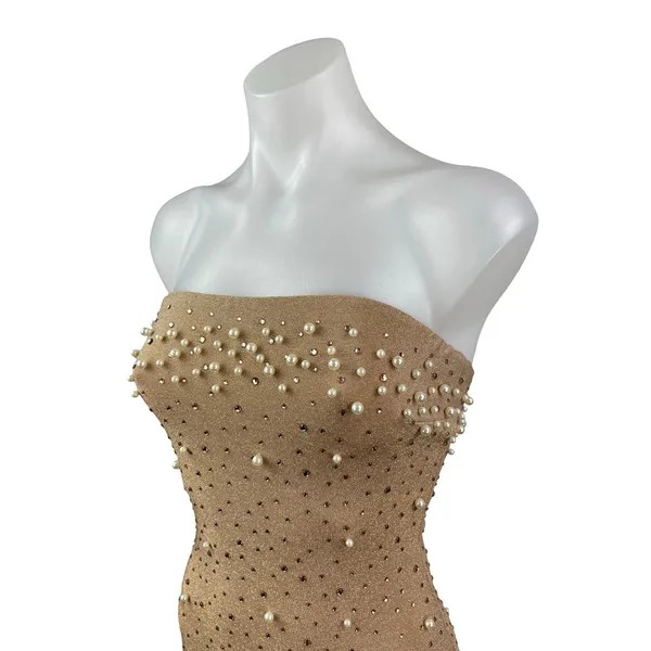 NEW PrettyLittleThing Gold Bandeau Tube Beaded Rhinestone Maxi Bodycon Dress 4 - Image 2