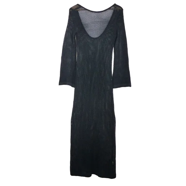 Black Open Knit Crochet Maxi Dress Size XS/S Bell Sleeve Sheer Goth Boho Witchy - Image 7