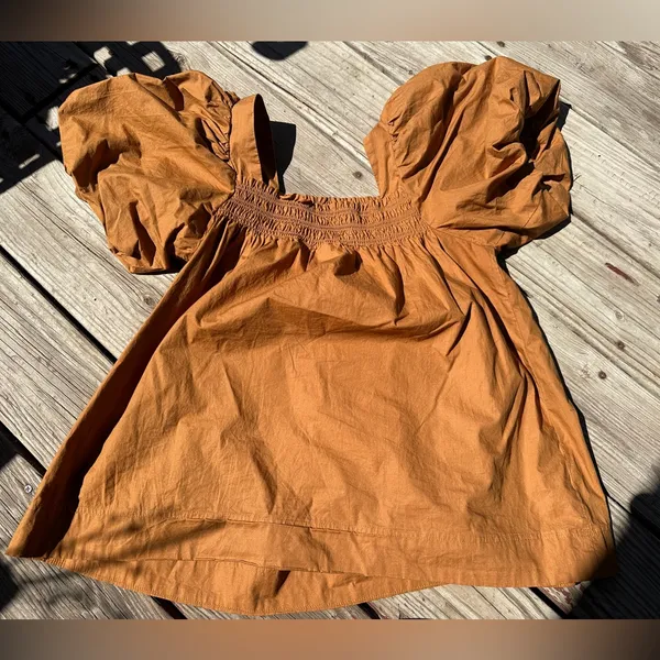 Maeve By Anthropologie Puff-Sleeve Smocked Blouse in Rust Orange, Size M, NWOT - Image 10
