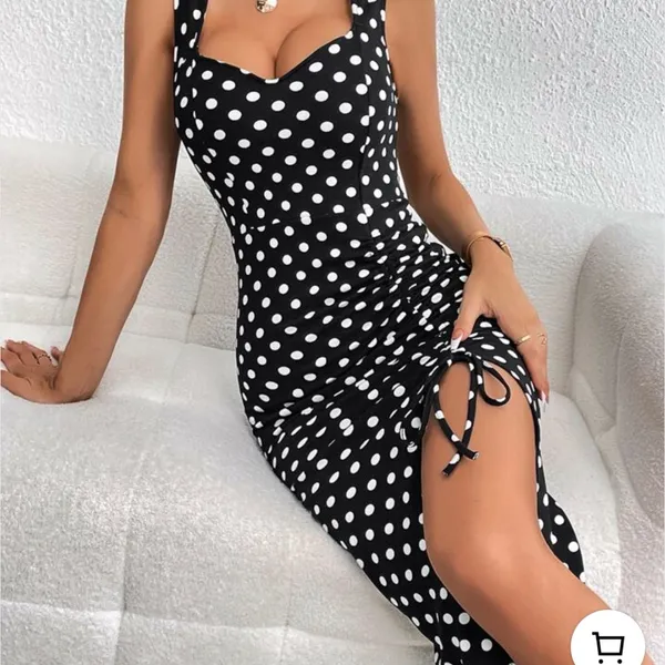 SHEIN Black and White Polka Dot Midi Dress Drawstring Split Thigh Size XL - Image 9