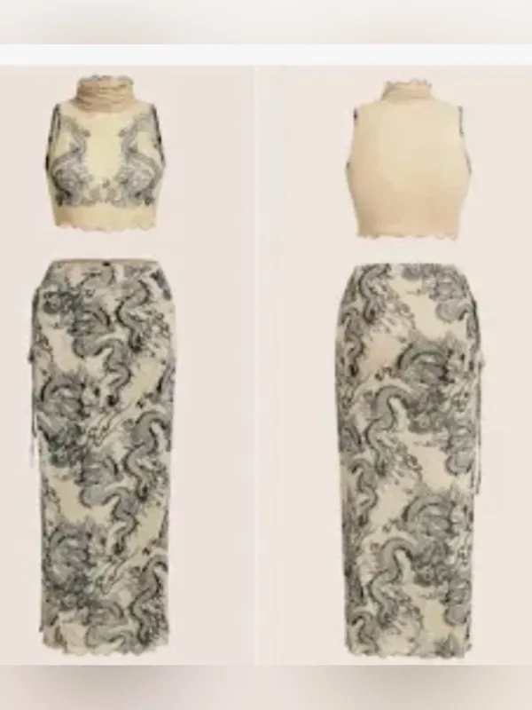 Beige Dragon Print Maxi Skirt and Top Set - Women - Image 3