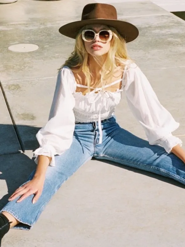 With Jean Fonda Top Long Sleeve Smocked Blouse White Small $219 - Image 4