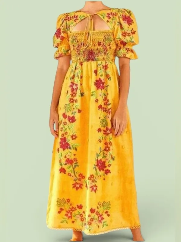 Farm Rio Boho Floral Dream Yellow Smocked Midi Dress - Sz Small - Image 2