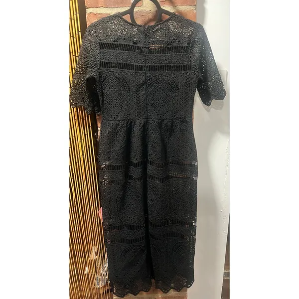 BRASS & ROE Black Romantic Gothic Eyelet Lace Midi Dress XS - Image 6