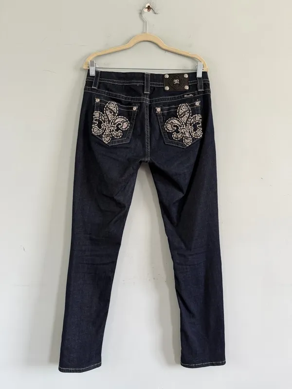 Miss Me Mid Rise Fleur De Lis Dark Wash Easy Skinny Denim Y2K Jeans‎ - Image 3