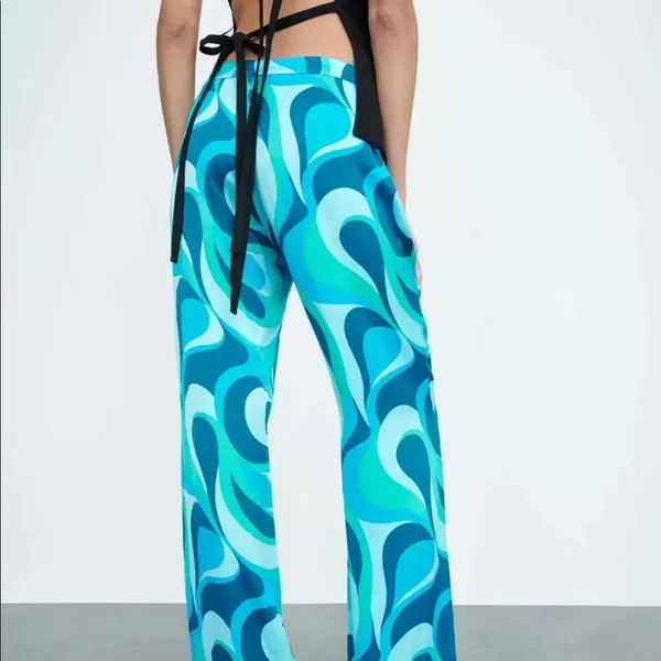 ZARA HIGH-WAIST WIDE-LEG FLOWING TROUSERS BLUE‎ Small - Image 3