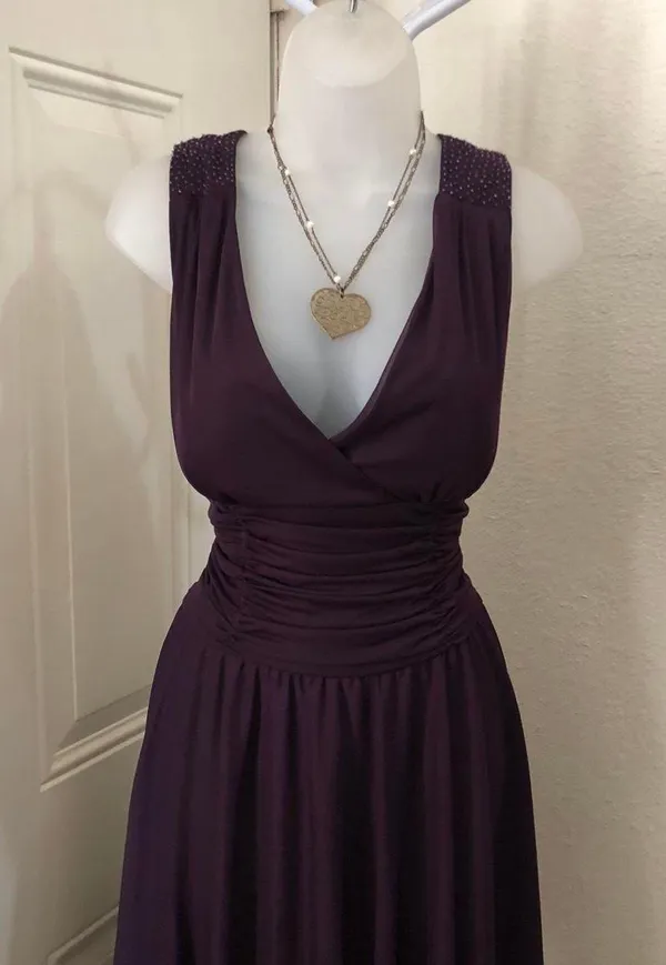 Jessica Howard Y2K Dark Purple Fairy Grunge Whimsygoth Prom Formal Sleeveless V-Neck Ruched Corset Dress Handkerchief Flowy Hem Mini/Midi Size 14/L-Measurement in pics - Image 2