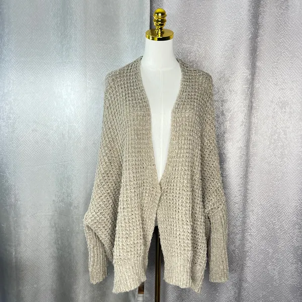 Free People Chunky Knit Oversized Cardigan Taupe Wool Angora Batwing Sweater L - Image 3