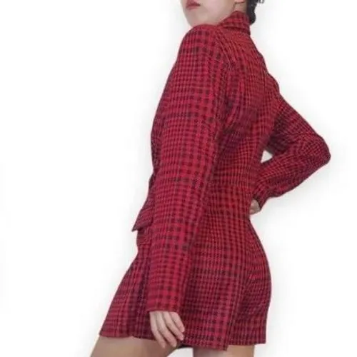 Zara Women Blazer Romper Small Red Black Houndstooth Long Sleeve Button Front - Image 2