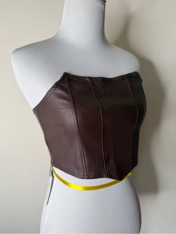 Cider Brown Faux Leather Corset Crop Top NWT S - Image 2