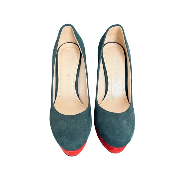 Vicino Teal and Red Suede Platform Pumps Round‎ Toe Stiletto Heels Size 37 - Image 3