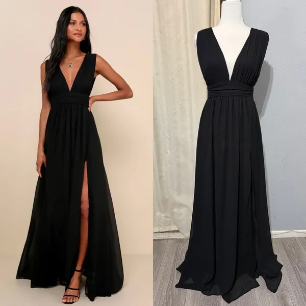 Lulus Maxi Dress XS Heavenly Hues Black Deep V-Neck Side Slit Gown Prom Romantic - Image 2
