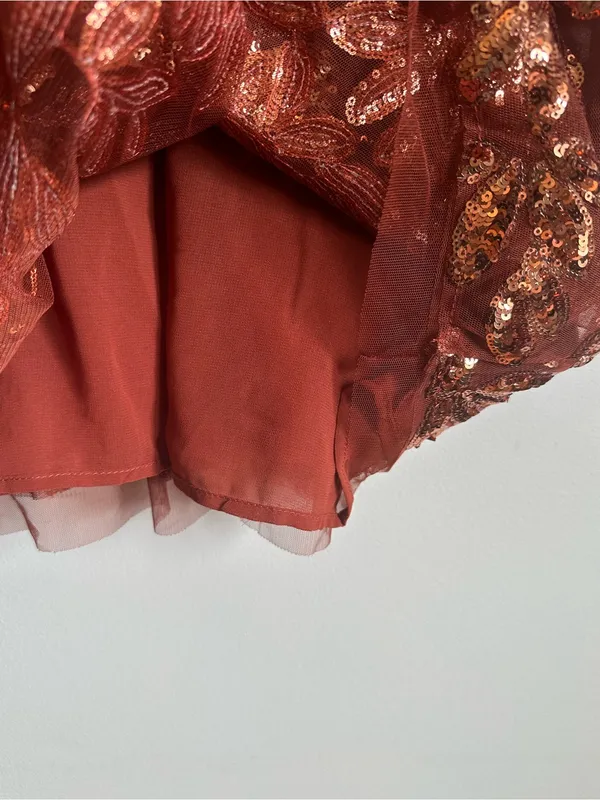 Anthropologie Floral Sequin Rust Orange Ruffle Tie Blouse Womens Large - Image 7