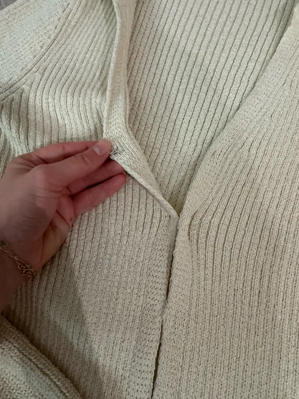 SHEIN Cream Ribbed V-Neck Button Front Sweater with Flared Cuffs - Image 2