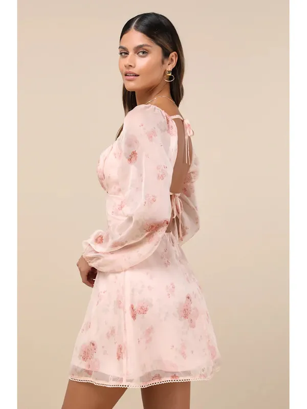 NWT Lulus Lovely Poise Light Pink Floral Tie-Back Long Sleeve Mini Dress Size M - Image 2